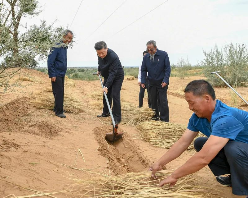 2019年8月21日，習(xí)近平來到甘肅省武威市古浪縣八步沙林場(chǎng)，實(shí)地察看當(dāng)?shù)刂紊吃炝?、生態(tài)保護(hù)等情況。新華社記者 謝環(huán)馳 攝