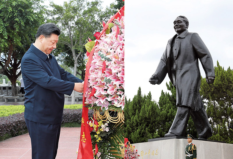 2020年10月14日，習(xí)近平總書(shū)記向深圳蓮花山公園鄧小平同志銅像敬獻(xiàn)花籃。