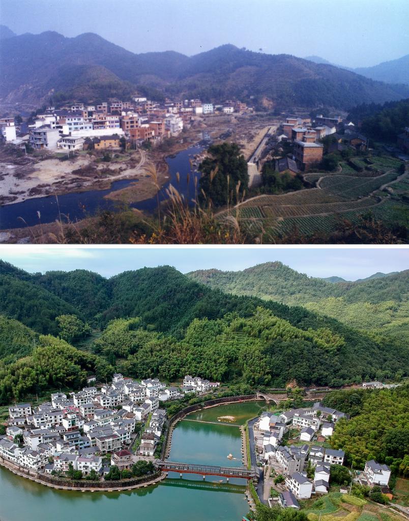圖為浙江省杭州市淳安縣楓樹嶺鎮(zhèn)下姜村拼版圖，其中上圖為資料照片、下圖由新華社記者張鋮攝。